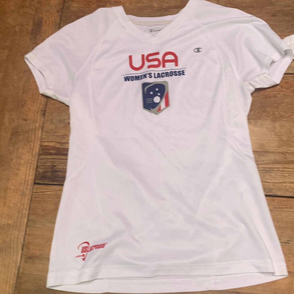 A white USA womens lacrosse tshirt, slim fit